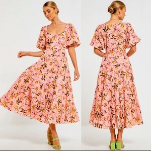 NWT Bohemian Traders x Helen McCullagh‎ Floral Pink Dress S/2 Billow Cotton